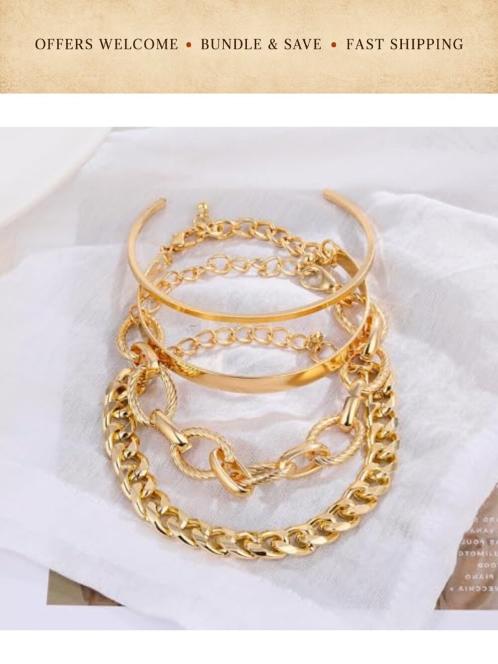 Chunky Stackable Bangle Cuff Bracelet Set Adjustable Link Chain Statement - Picture 3 of 4